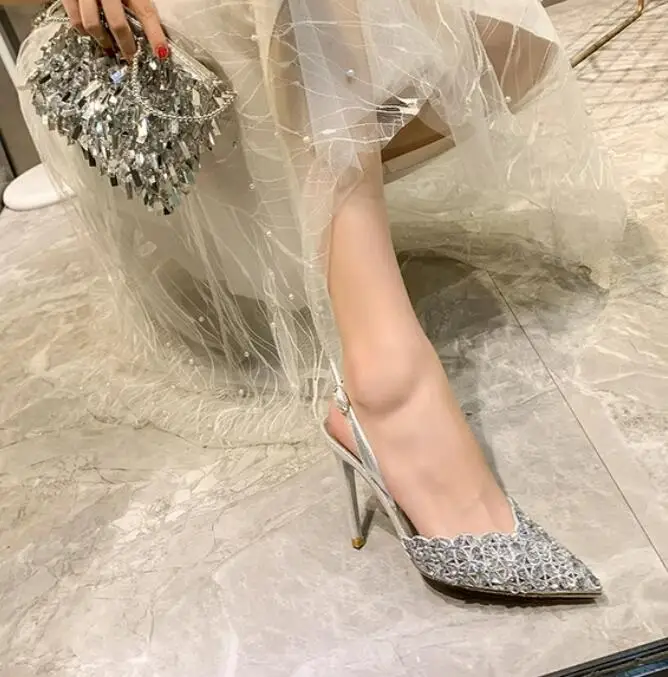 Glitter Rhinestone Drill Lattice Cutout Pumps Lady Back Strap Thin Heels Wedding Shoes black suede Pointed Toe crystal  high Hee