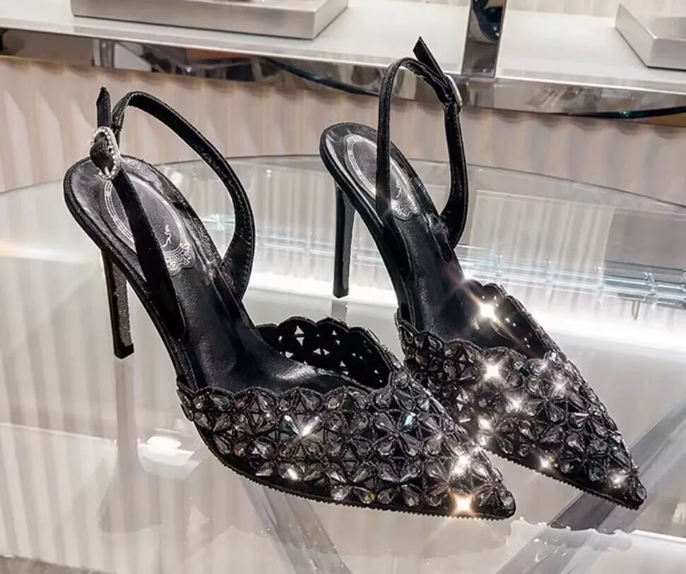 Glitter Rhinestone Drill Lattice Cutout Pumps Lady Back Strap Thin Heels Wedding Shoes black suede Pointed Toe crystal  high Hee