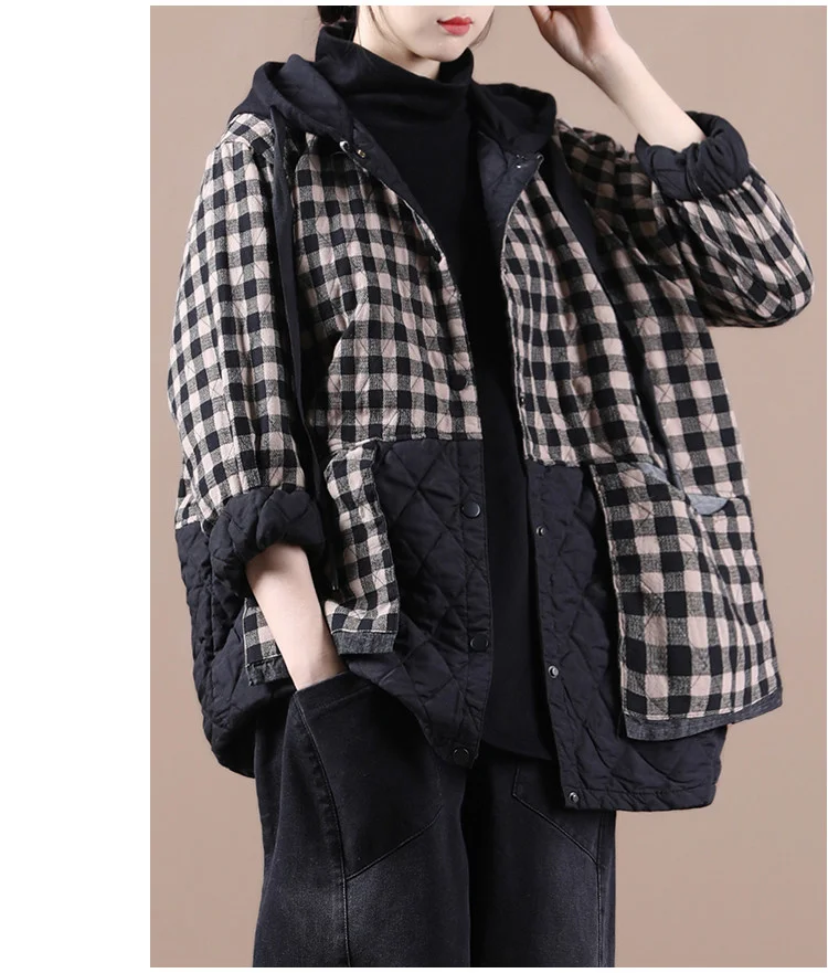 Amax luluE Chinese Fashion Winter Clothing Large Streetwear Ladies Loose Hooded Padded Jackets Womens Casual Plaid Vintage Coats
