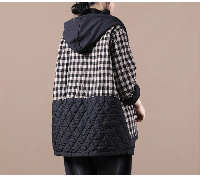 Amax luluE Chinese Fashion Winter Clothing Large Streetwear Ladies Loose Hooded Padded Jackets Womens Casual Plaid Vintage Coats