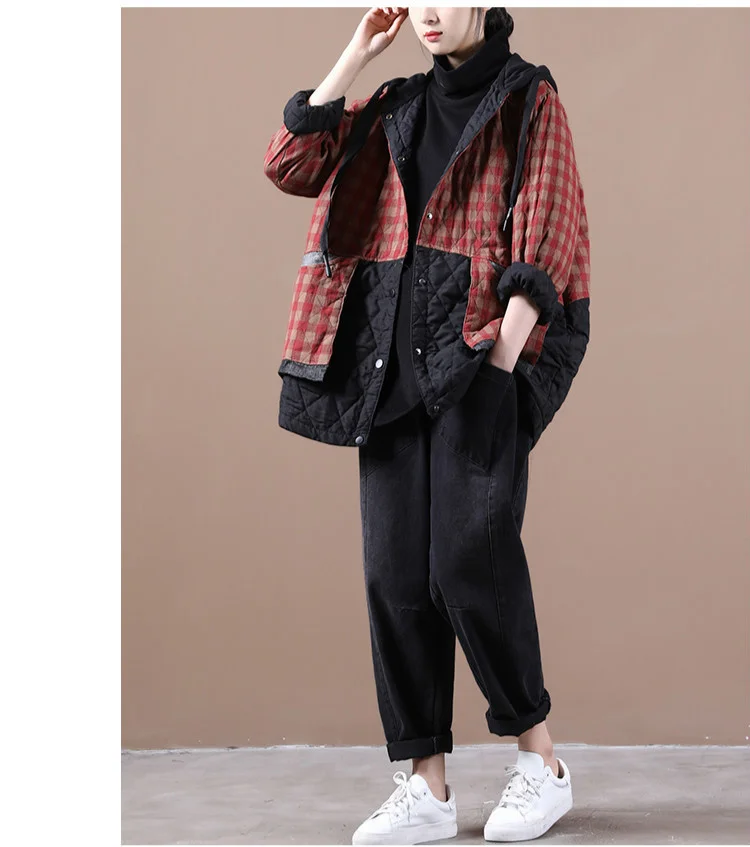 Amax luluE Chinese Fashion Winter Clothing Large Streetwear Ladies Loose Hooded Padded Jackets Womens Casual Plaid Vintage Coats