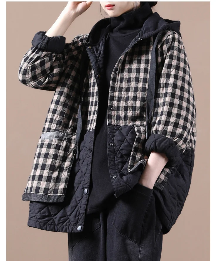 Amax luluE Chinese Fashion Winter Clothing Large Streetwear Ladies Loose Hooded Padded Jackets Womens Casual Plaid Vintage Coats