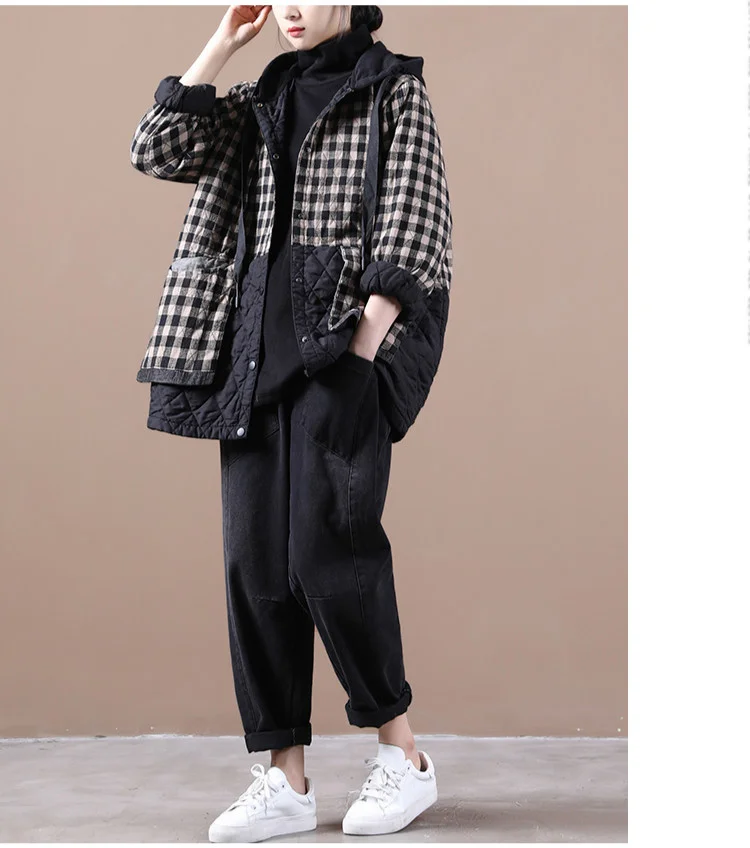 Amax luluE Chinese Fashion Winter Clothing Large Streetwear Ladies Loose Hooded Padded Jackets Womens Casual Plaid Vintage Coats