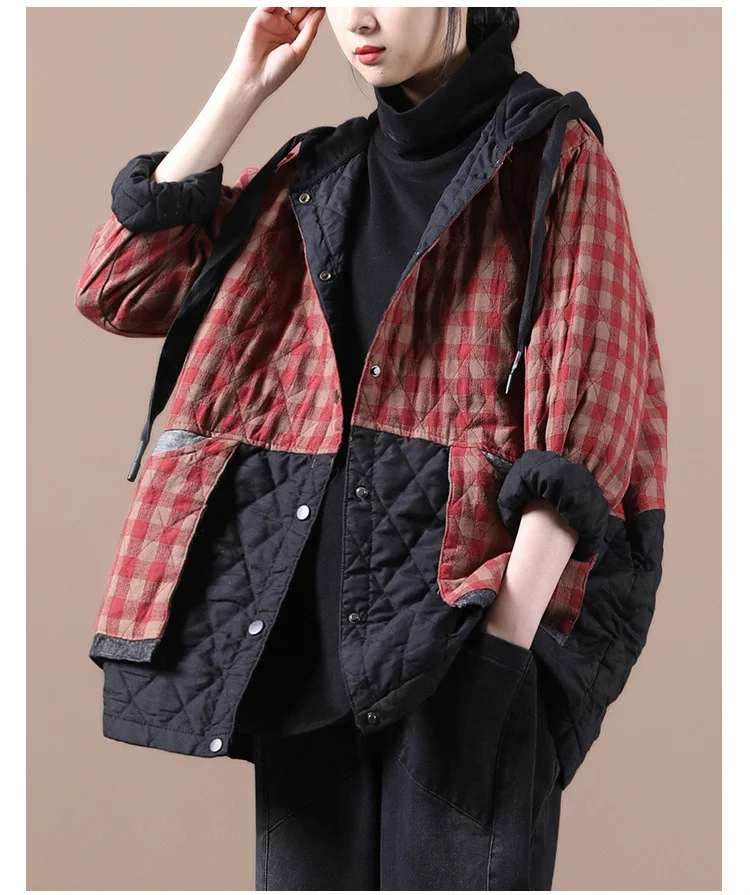 Amax luluE Chinese Fashion Winter Clothing Large Streetwear Ladies Loose Hooded Padded Jackets Womens Casual Plaid Vintage Coats