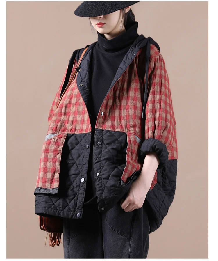 Amax luluE Chinese Fashion Winter Clothing Large Streetwear Ladies Loose Hooded Padded Jackets Womens Casual Plaid Vintage Coats