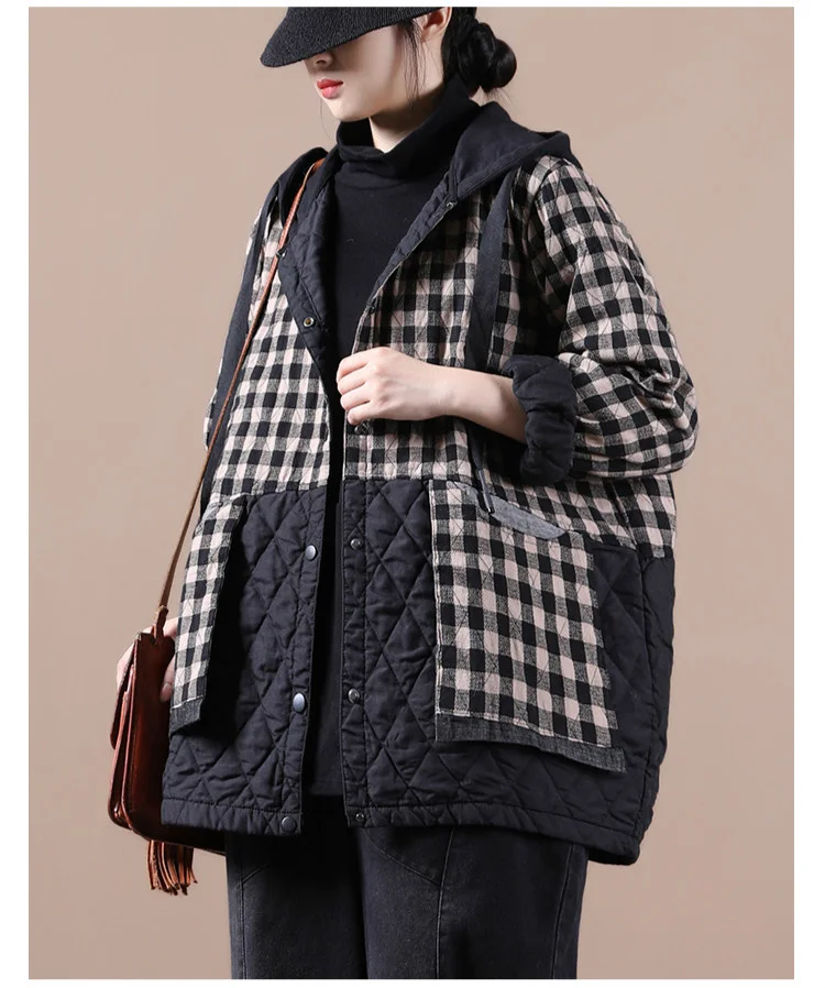 Amax luluE Chinese Fashion Winter Clothing Large Streetwear Ladies Loose Hooded Padded Jackets Womens Casual Plaid Vintage Coats