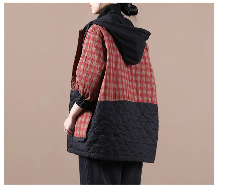 Amax luluE Chinese Fashion Winter Clothing Large Streetwear Ladies Loose Hooded Padded Jackets Womens Casual Plaid Vintage Coats