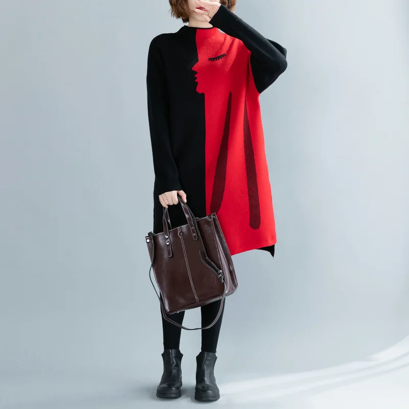 Amax luluE Brand Korean Luxury 2024 Winter Ladies Long Pullovers Womens Vintage Printed Knitted Sweaters Warm Turtleneck Clothes