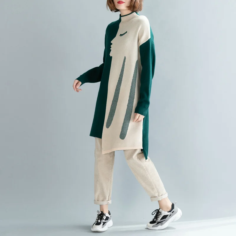 Amax luluE Brand Korean Luxury 2024 Winter Ladies Long Pullovers Womens Vintage Printed Knitted Sweaters Warm Turtleneck Clothes
