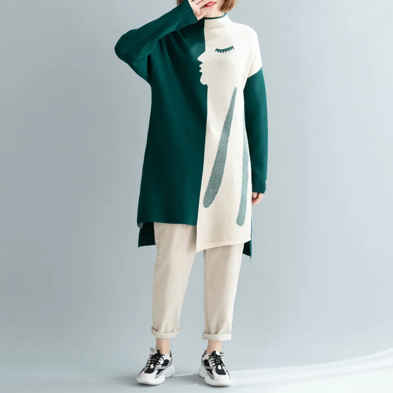Amax luluE Brand Korean Luxury 2024 Winter Ladies Long Pullovers Womens Vintage Printed Knitted Sweaters Warm Turtleneck Clothes