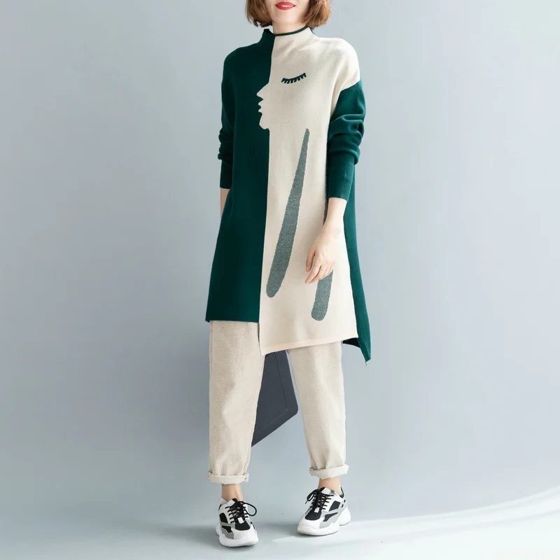 Amax luluE Brand Korean Luxury 2024 Winter Ladies Long Pullovers Womens Vintage Printed Knitted Sweaters Warm Turtleneck Clothes