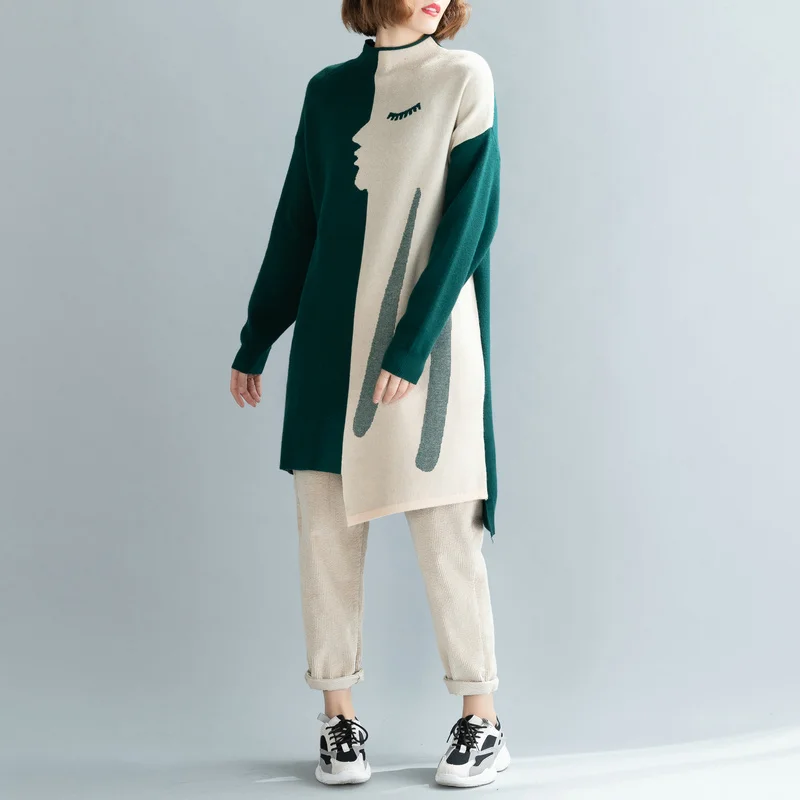 Amax luluE Brand Korean Luxury 2024 Winter Ladies Long Pullovers Womens Vintage Printed Knitted Sweaters Warm Turtleneck Clothes