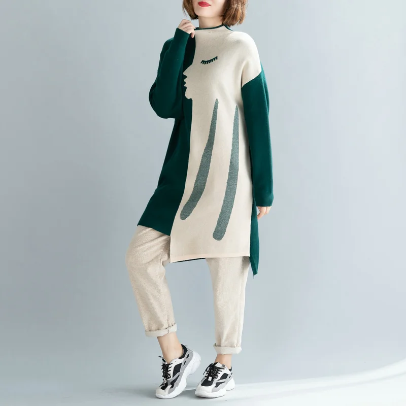 Amax luluE Brand Korean Luxury 2024 Winter Ladies Long Pullovers Womens Vintage Printed Knitted Sweaters Warm Turtleneck Clothes
