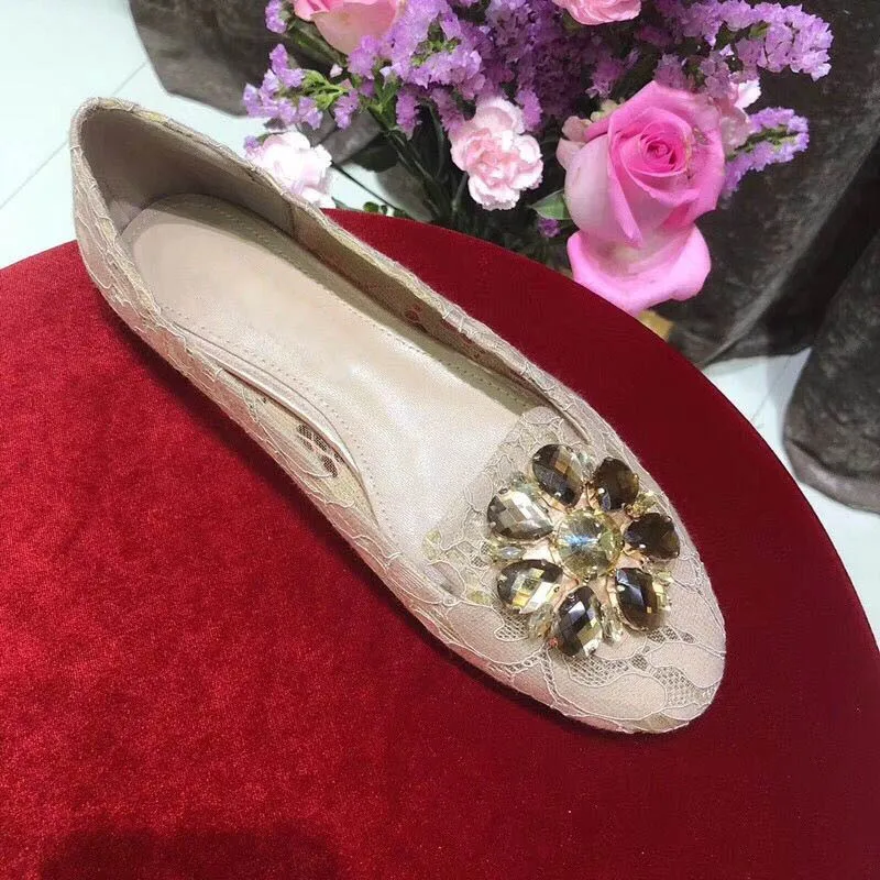 Summer Floral Lace Rhinestone Embellished Flat Shoes Women Glitter Crystal Flower Buckle Loafers Slip On Beauty Wedding Shoes