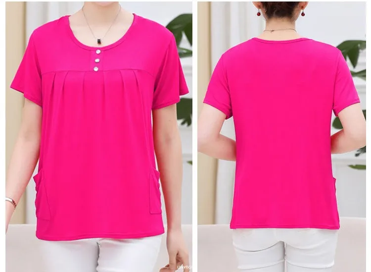 UHYTGF Middle-Aged Women T-Shirt O Neck Short Sleeve Casual Mother Summer T-Shirt Elastic Cotton Thin Big Size Tops Blouses 2161