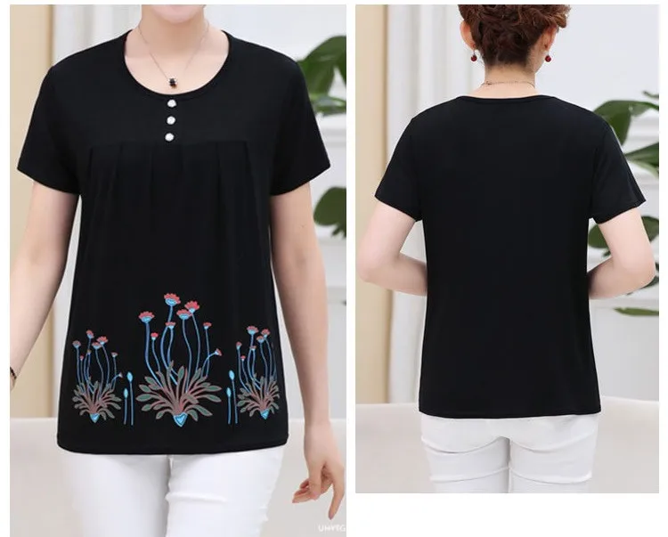 UHYTGF Middle-Aged Women T-Shirt O Neck Short Sleeve Casual Mother Summer T-Shirt Elastic Cotton Thin Big Size Tops Blouses 2161