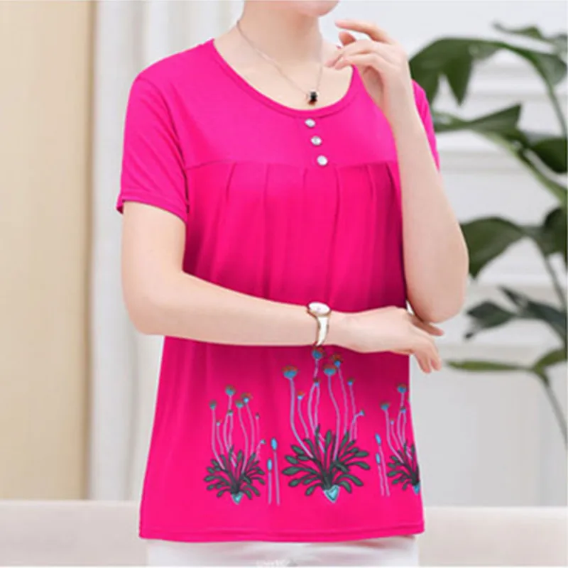 UHYTGF Middle-Aged Women T-Shirt O Neck Short Sleeve Casual Mother Summer T-Shirt Elastic Cotton Thin Big Size Tops Blouses 2161