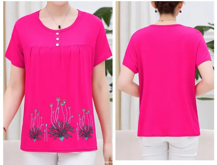 UHYTGF Middle-Aged Women T-Shirt O Neck Short Sleeve Casual Mother Summer T-Shirt Elastic Cotton Thin Big Size Tops Blouses 2161