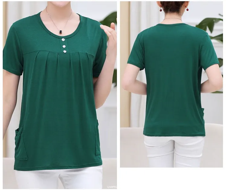 UHYTGF Middle-Aged Women T-Shirt O Neck Short Sleeve Casual Mother Summer T-Shirt Elastic Cotton Thin Big Size Tops Blouses 2161