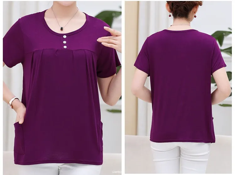 UHYTGF Middle-Aged Women T-Shirt O Neck Short Sleeve Casual Mother Summer T-Shirt Elastic Cotton Thin Big Size Tops Blouses 2161