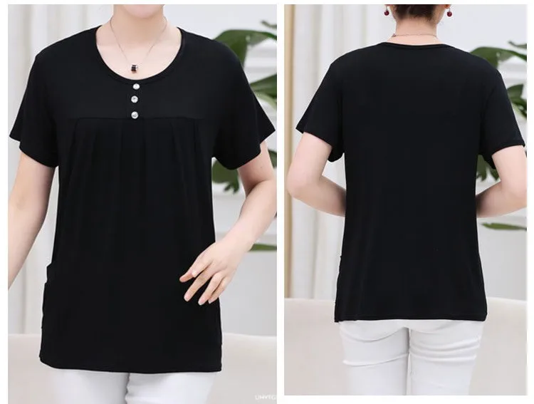 UHYTGF Middle-Aged Women T-Shirt O Neck Short Sleeve Casual Mother Summer T-Shirt Elastic Cotton Thin Big Size Tops Blouses 2161