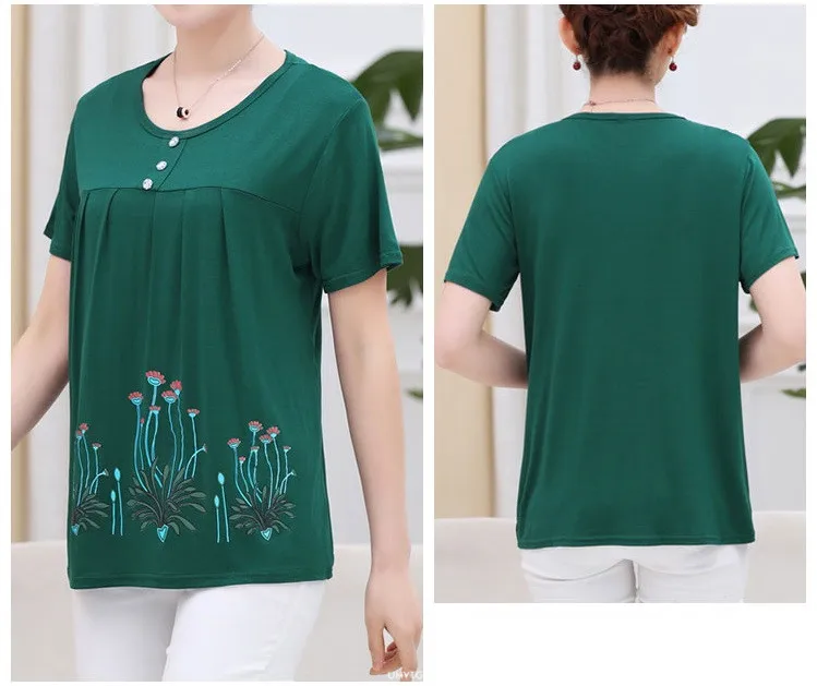 UHYTGF Middle-Aged Women T-Shirt O Neck Short Sleeve Casual Mother Summer T-Shirt Elastic Cotton Thin Big Size Tops Blouses 2161