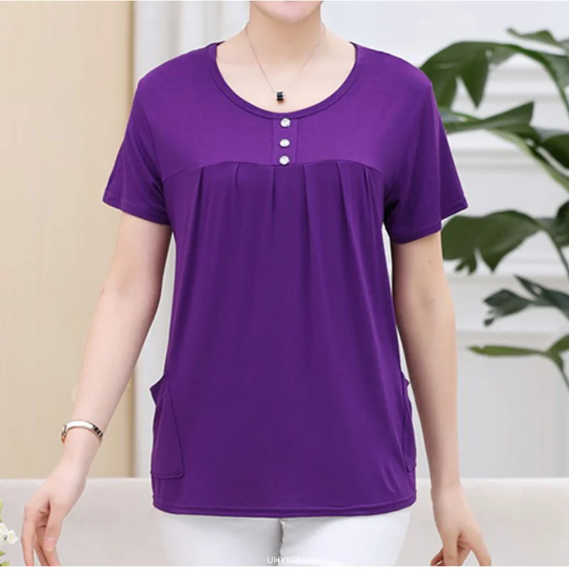 UHYTGF Middle-Aged Women T-Shirt O Neck Short Sleeve Casual Mother Summer T-Shirt Elastic Cotton Thin Big Size Tops Blouses 2161