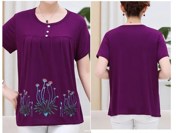 UHYTGF Middle-Aged Women T-Shirt O Neck Short Sleeve Casual Mother Summer T-Shirt Elastic Cotton Thin Big Size Tops Blouses 2161
