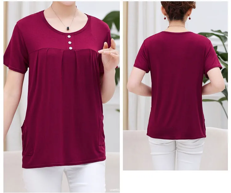 UHYTGF Middle-Aged Women T-Shirt O Neck Short Sleeve Casual Mother Summer T-Shirt Elastic Cotton Thin Big Size Tops Blouses 2161