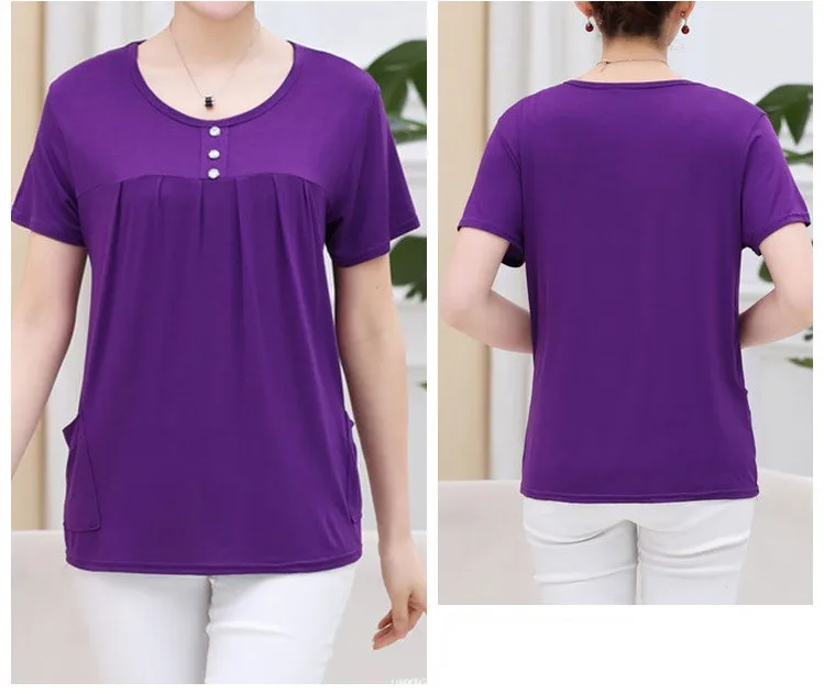 UHYTGF Middle-Aged Women T-Shirt O Neck Short Sleeve Casual Mother Summer T-Shirt Elastic Cotton Thin Big Size Tops Blouses 2161