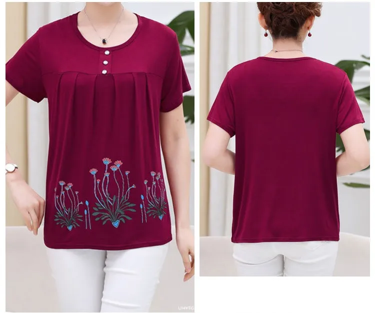 UHYTGF Middle-Aged Women T-Shirt O Neck Short Sleeve Casual Mother Summer T-Shirt Elastic Cotton Thin Big Size Tops Blouses 2161