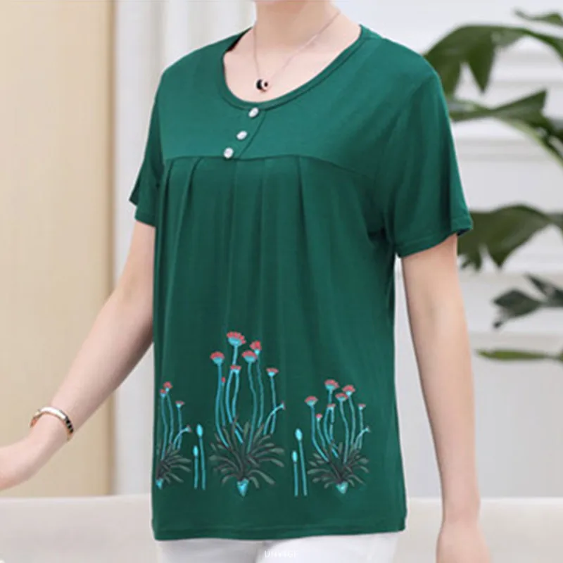 UHYTGF Middle-Aged Women T-Shirt O Neck Short Sleeve Casual Mother Summer T-Shirt Elastic Cotton Thin Big Size Tops Blouses 2161