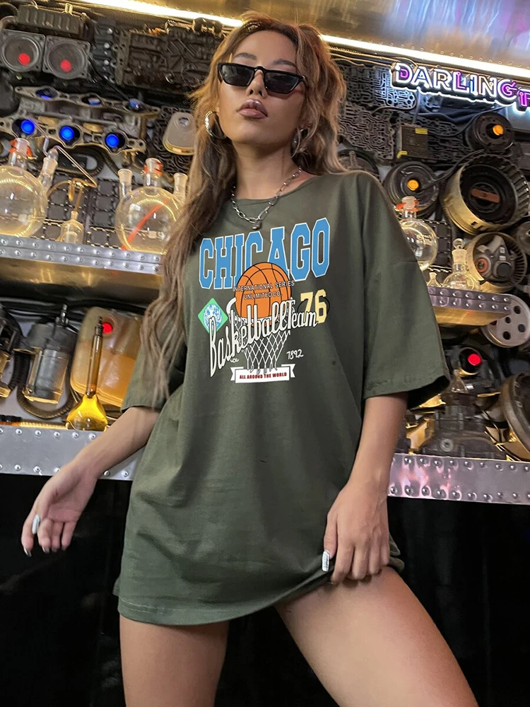 CHICAGO Basketball Streetwear Hip Hop T-Shirt Women Fashion Casual Cotton Clothing Loose Summer Breathable Tops Brand T-Shirts