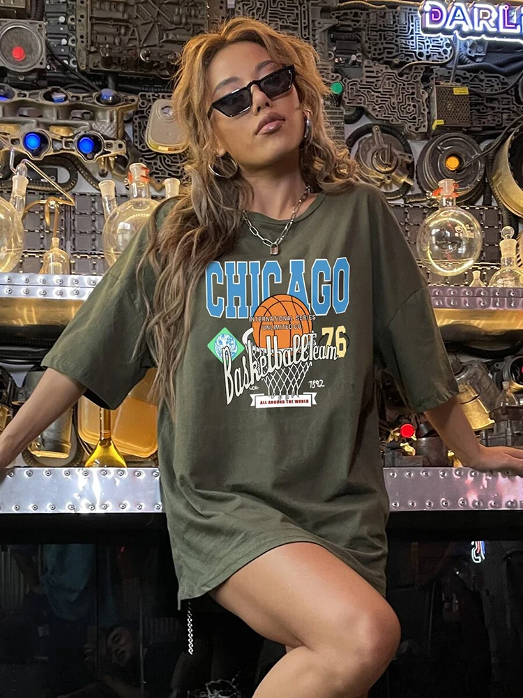 CHICAGO Basketball Streetwear Hip Hop T-Shirt Women Fashion Casual Cotton Clothing Loose Summer Breathable Tops Brand T-Shirts