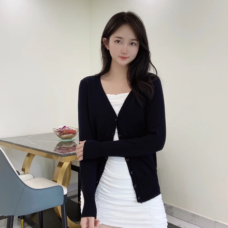 Korean Fashion Black Cropped Blouses Cardigan Female Clothing Sweaters Jersey Long Sleeve Top Women's Coat Spring 2025 Style