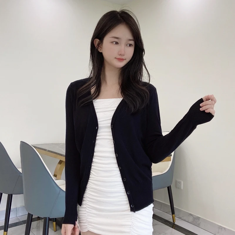 Korean Fashion Black Cropped Blouses Cardigan Female Clothing Sweaters Jersey Long Sleeve Top Women's Coat Spring 2025 Style