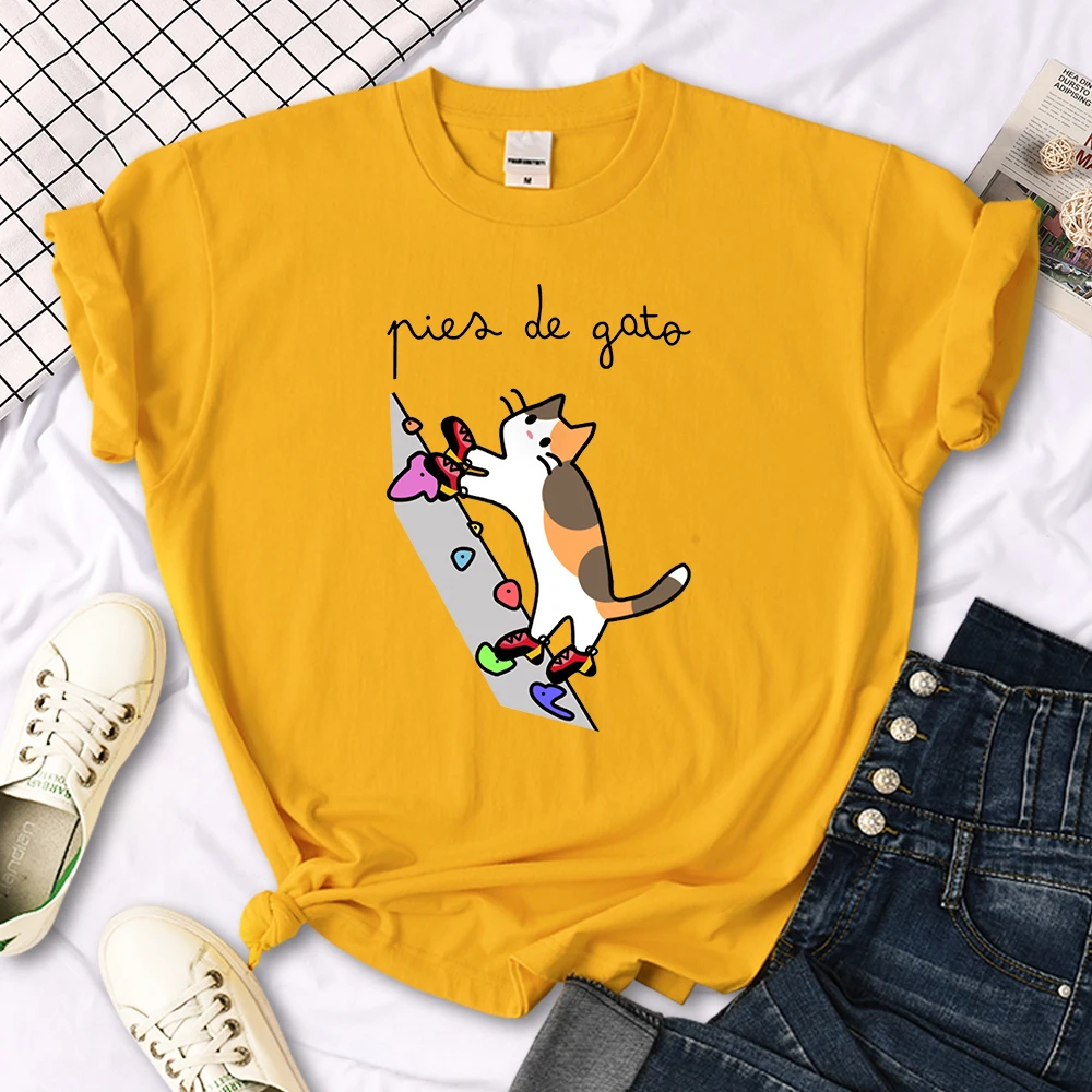 Cat Rock Climbing Cute Print T-Shirt Womens Kawaii Cartoon Graphic Tops Females Korean Fashion Oversize Harajuku Girls Tshirts