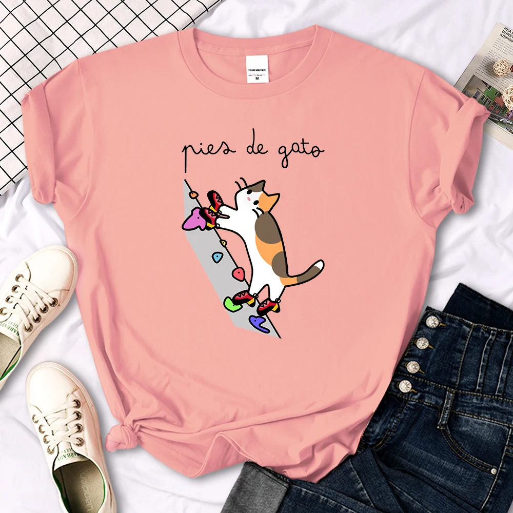 Cat Rock Climbing Cute Print T-Shirt Womens Kawaii Cartoon Graphic Tops Females Korean Fashion Oversize Harajuku Girls Tshirts