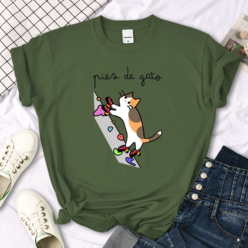 Cat Rock Climbing Cute Print T-Shirt Womens Kawaii Cartoon Graphic Tops Females Korean Fashion Oversize Harajuku Girls Tshirts