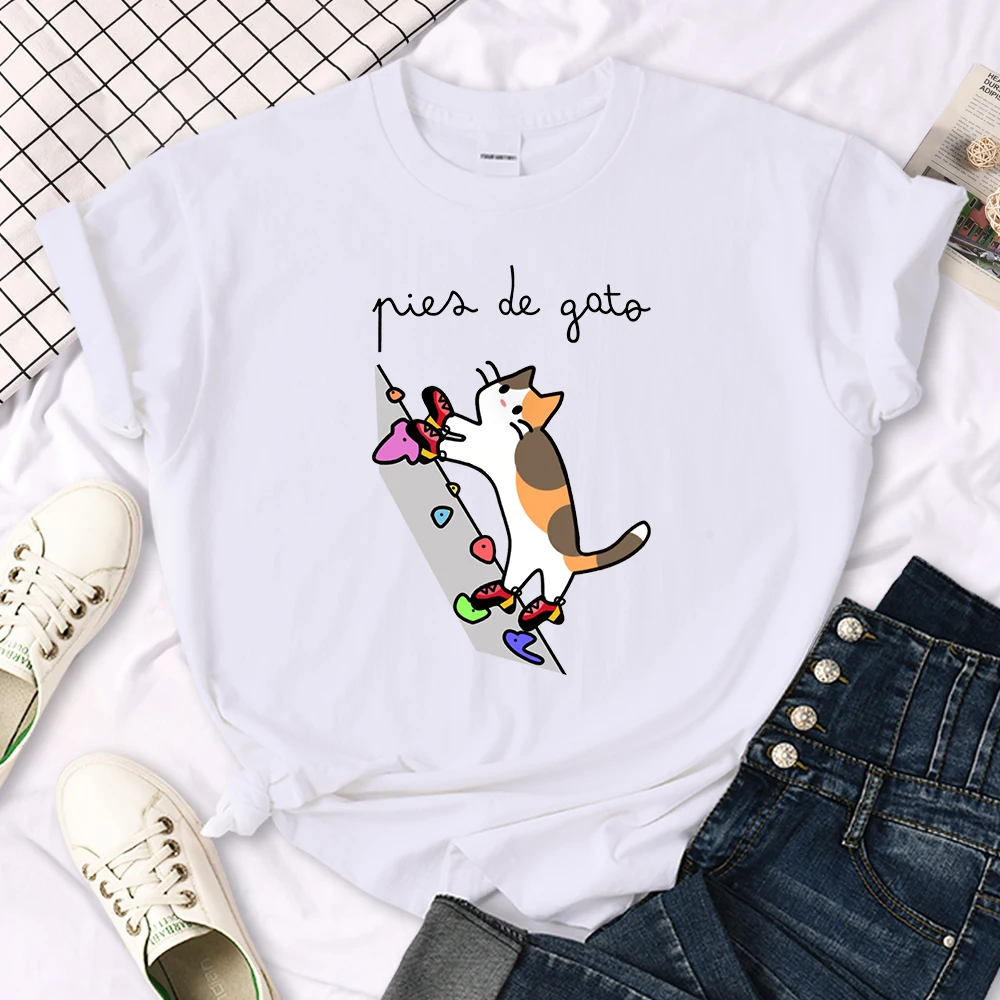 Cat Rock Climbing Cute Print T-Shirt Womens Kawaii Cartoon Graphic Tops Females Korean Fashion Oversize Harajuku Girls Tshirts