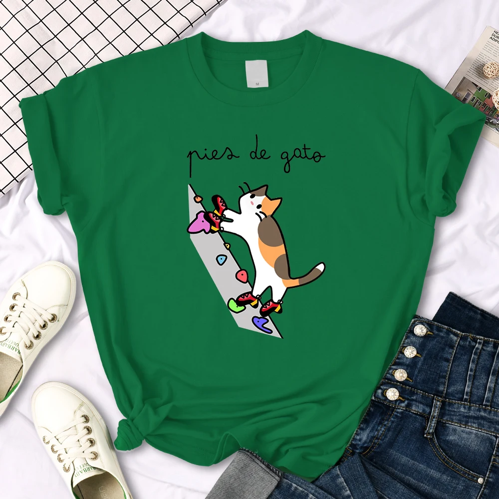 Cat Rock Climbing Cute Print T-Shirt Womens Kawaii Cartoon Graphic Tops Females Korean Fashion Oversize Harajuku Girls Tshirts