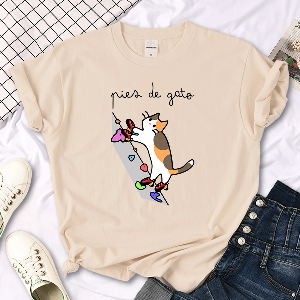 Cat Rock Climbing Cute Print T-Shirt Womens Kawaii Cartoon Graphic Tops Females Korean Fashion Oversize Harajuku Girls Tshirts
