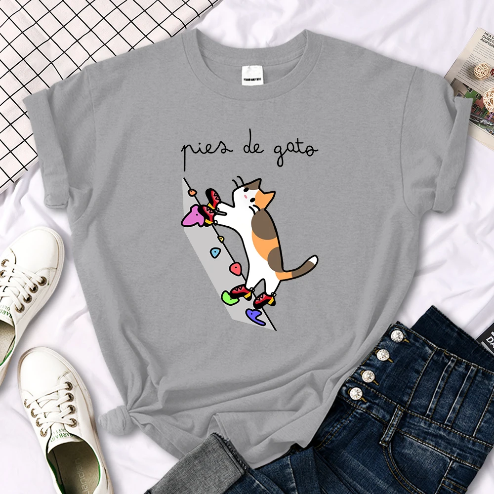 Cat Rock Climbing Cute Print T-Shirt Womens Kawaii Cartoon Graphic Tops Females Korean Fashion Oversize Harajuku Girls Tshirts