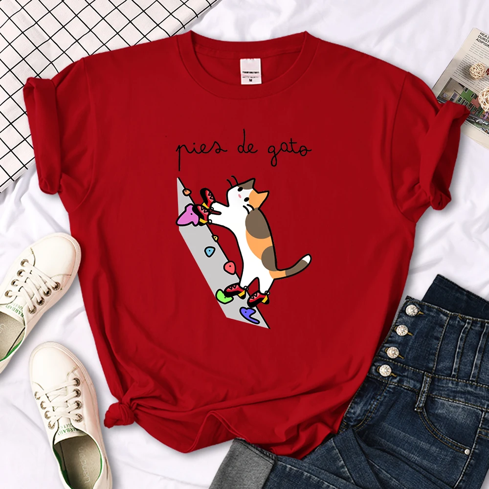 Cat Rock Climbing Cute Print T-Shirt Womens Kawaii Cartoon Graphic Tops Females Korean Fashion Oversize Harajuku Girls Tshirts