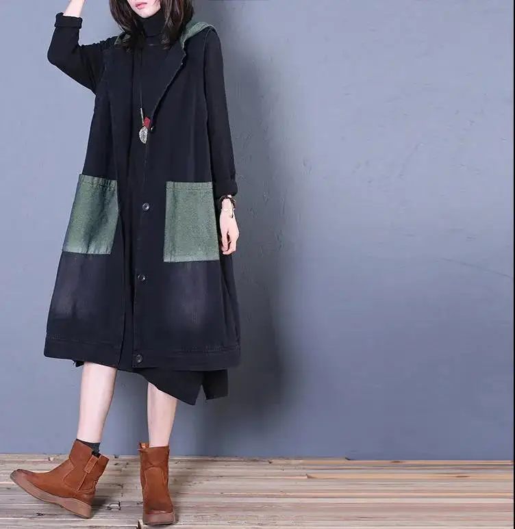 Retro Women Long Hooded Vest Summer Autumn Cardigan Free Shipping Sleeveless Tops Plus Size Korean Fashion Loose Big Pocket New