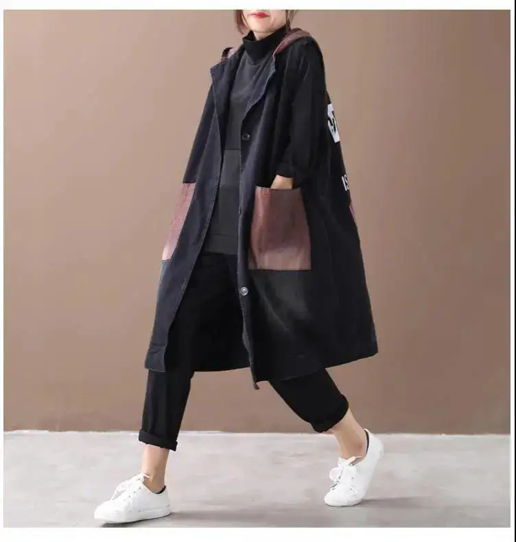 Retro Women Long Hooded Vest Summer Autumn Cardigan Free Shipping Sleeveless Tops Plus Size Korean Fashion Loose Big Pocket New