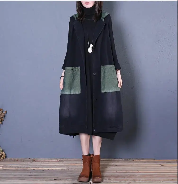 Retro Women Long Hooded Vest Summer Autumn Cardigan Free Shipping Sleeveless Tops Plus Size Korean Fashion Loose Big Pocket New
