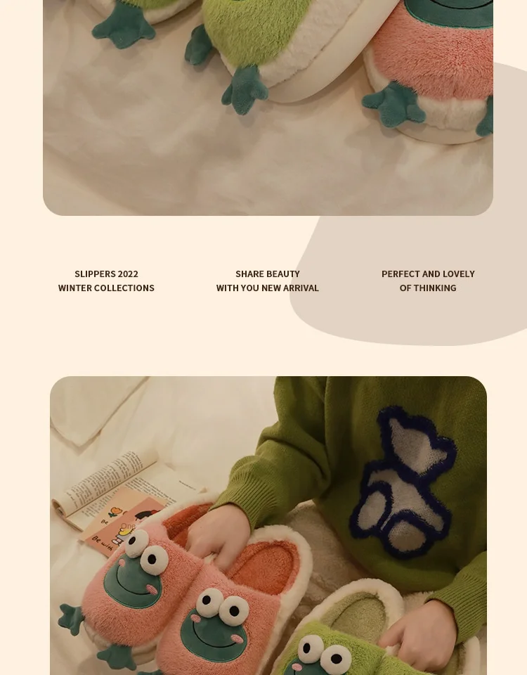 2022 Winter Slippers Women Men Home Floor Shoes Cute Frog Keep Warm Soft Plush Couples Indoor Slides Ladies Cotton Footwear