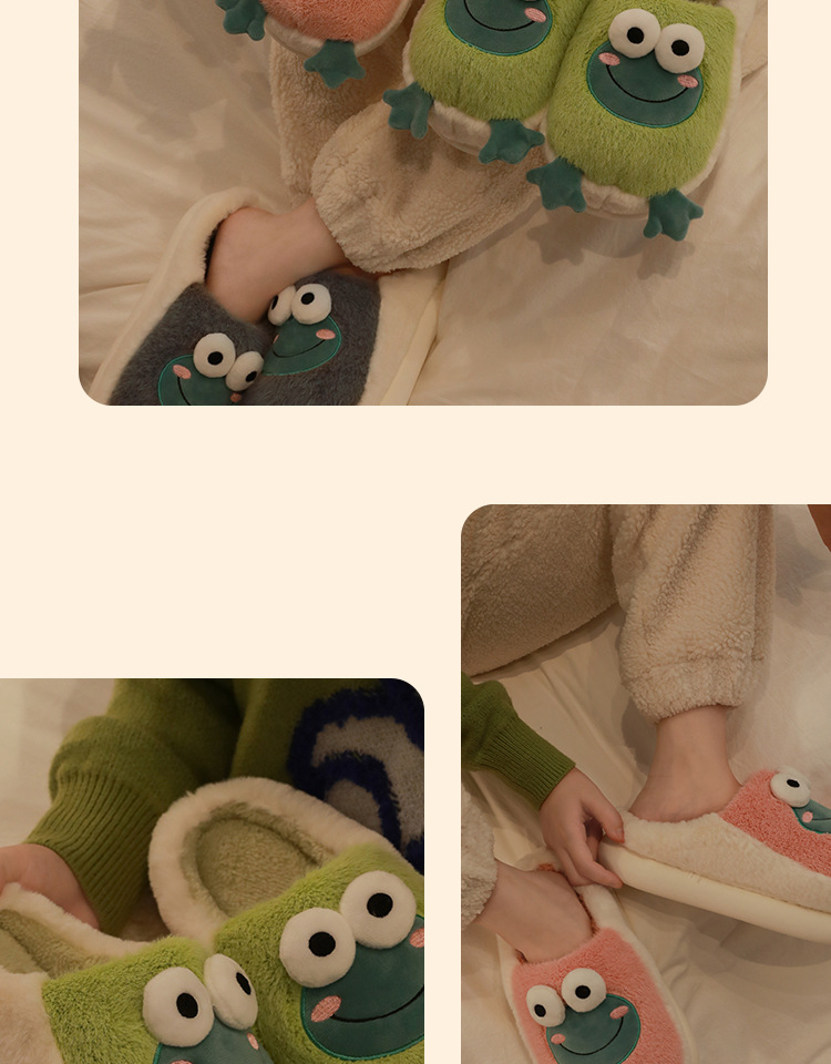 2022 Winter Slippers Women Men Home Floor Shoes Cute Frog Keep Warm Soft Plush Couples Indoor Slides Ladies Cotton Footwear
