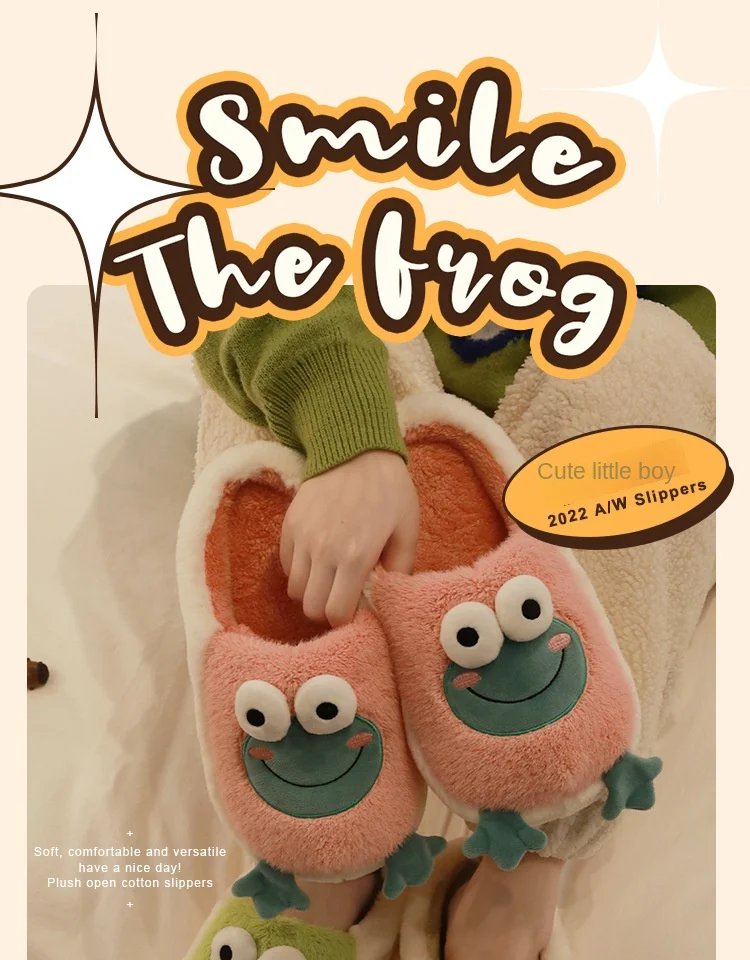 2022 Winter Slippers Women Men Home Floor Shoes Cute Frog Keep Warm Soft Plush Couples Indoor Slides Ladies Cotton Footwear